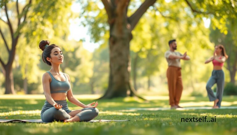 People practising gentle mindfulness outdoors in soft light.